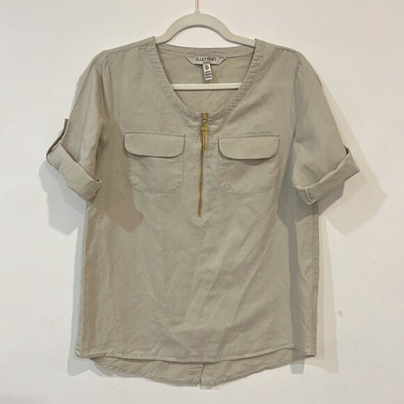 Ellen Tracy Cream Roll Tab Sleeve Linen Tunic Size Small - Picture 4 of 16